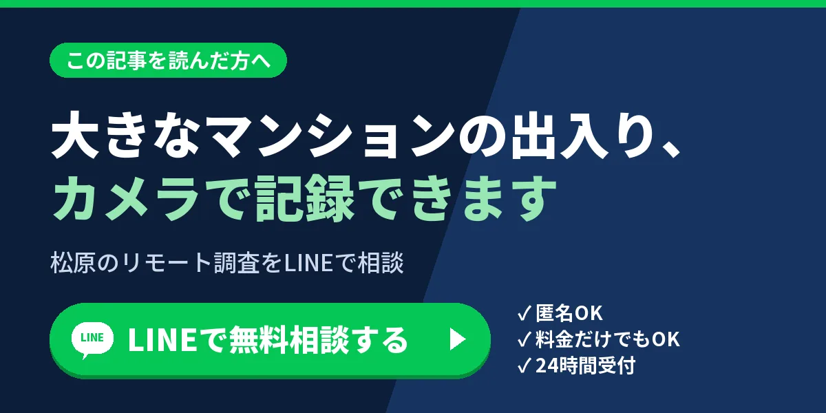 大きなマンションの出入り、カメラで記録できます。松原のリモート調査をLINEで相談